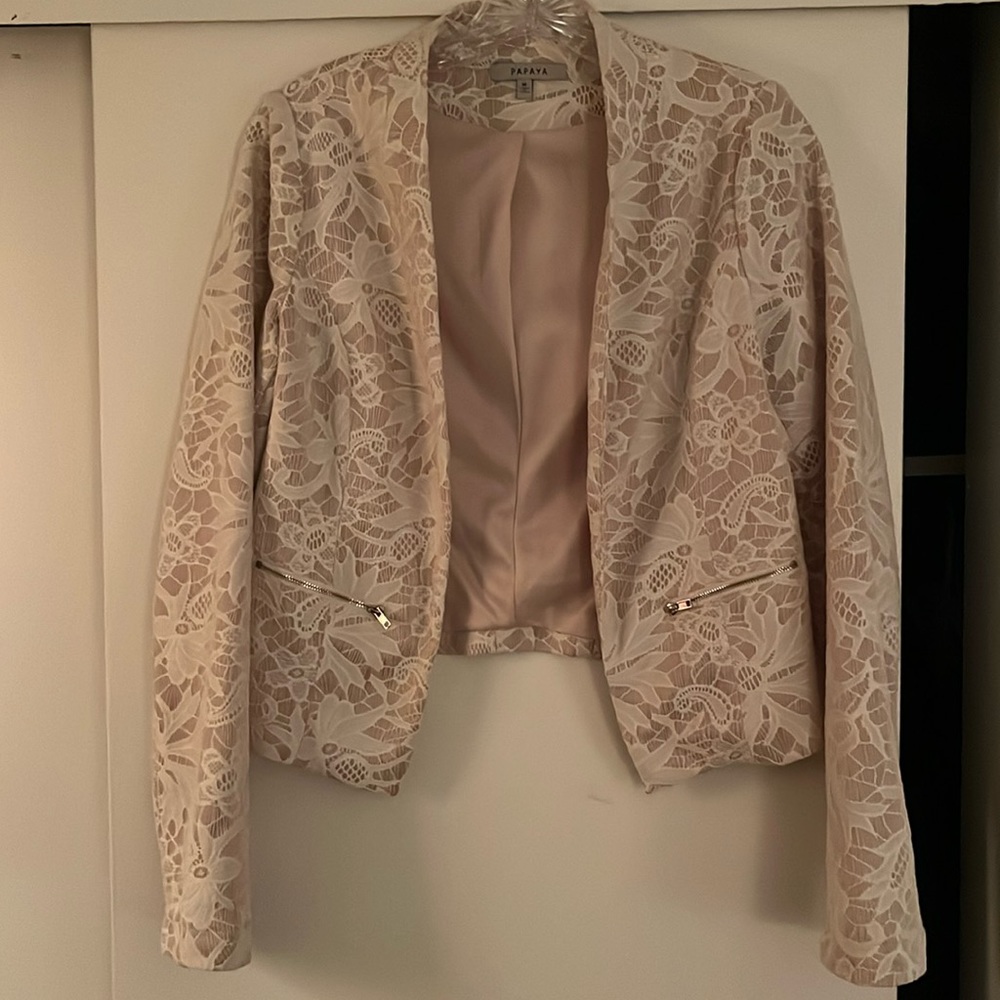 Papaya Cream Cropped Lace Blazer